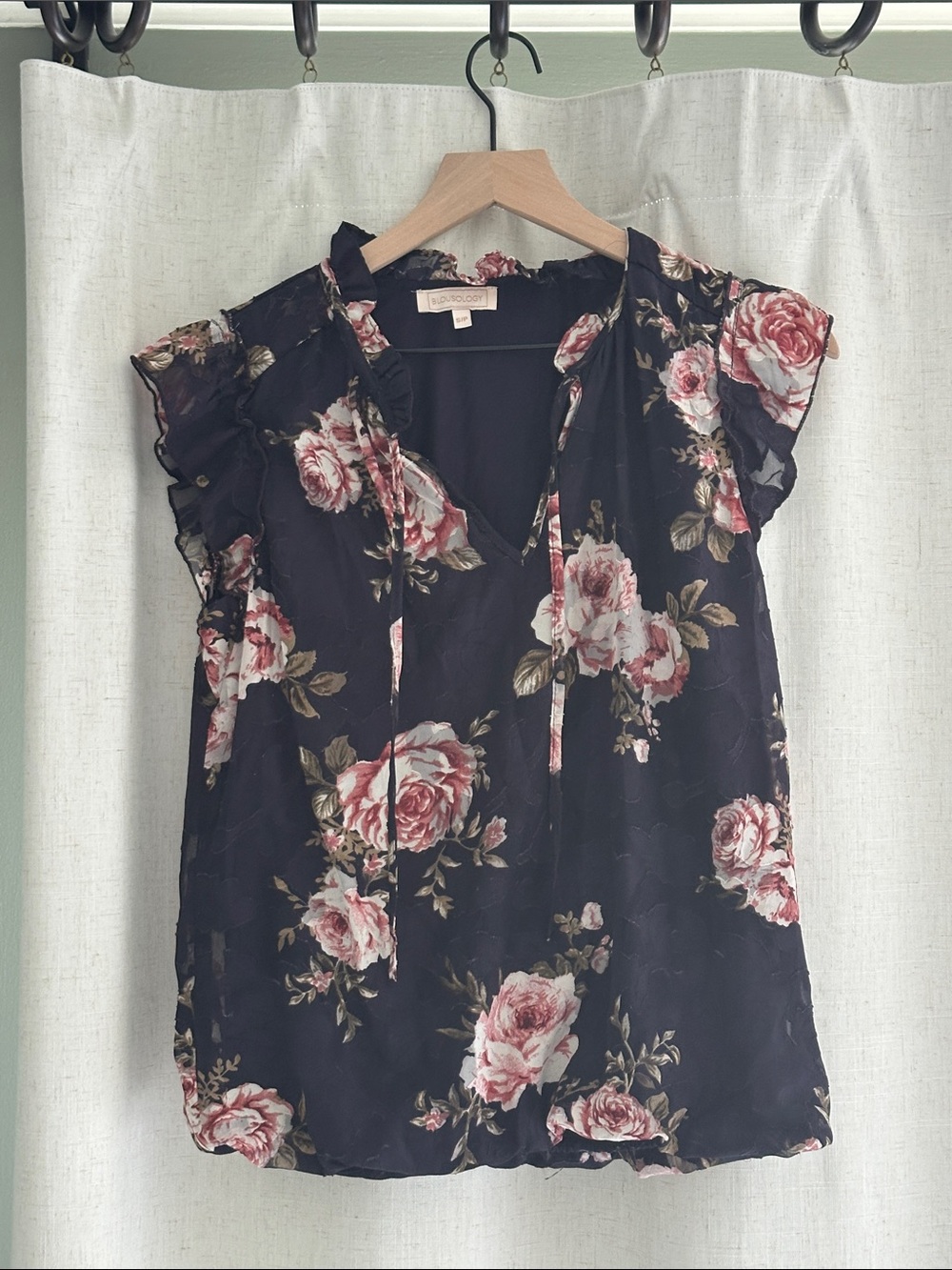 Blousology Cottage Core navy blouse with ties, pink rose pattern, Women’s Small